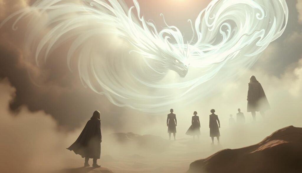 A surreal scene depicting the forgotten details of the Dragon Ball universe. In the foreground, a massive, ethereal dragon enveloped in a swirling, translucent mist hovers amidst a dreamlike landscape. The dragon's scales shimmer with an otherworldly iridescence, hinting at its elusive nature. In the middle ground, faint silhouettes of forgotten characters drift in and out of focus, their identities obscured by the hazy atmosphere. The background is a dreamscape of shifting, abstract forms, blending seamlessly with the ethereal elements to create a sense of disconnect from the established Dragon Ball canon. The lighting is soft and diffused, lending an air of mystery and nostalgia to the scene. Captured through a wide-angle lens, the composition emphasizes the vastness of the forgotten elements, leaving the viewer to ponder the untold stories that lie within the Dragon Ball universe.
