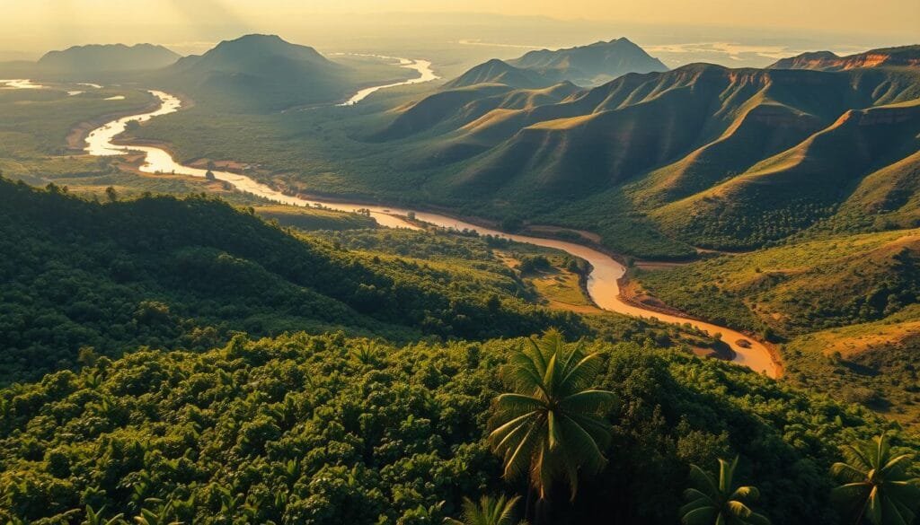 A sweeping aerial view of a Ghanaian landscape, capturing the interplay between the nation's two vital economic pillars - cocoa and gold. In the foreground, verdant cocoa plantations stretch out like a lush, undulating carpet, their deep green leaves shimmering in the warm, golden sunlight. Towering palm trees dot the scene, adding to the tropical ambiance. In the middle ground, glittering rivers and streams weave through the landscape, hinting at the presence of Ghana's famed gold deposits. Rugged, ochre-hued hills rise in the distance, their slopes dotted with the telltale signs of artisanal gold mining operations. The scene conveys a harmonious balance between Ghana's agricultural and mineral wealth, reflecting the country's unique position as a leading producer of both cocoa and gold.
