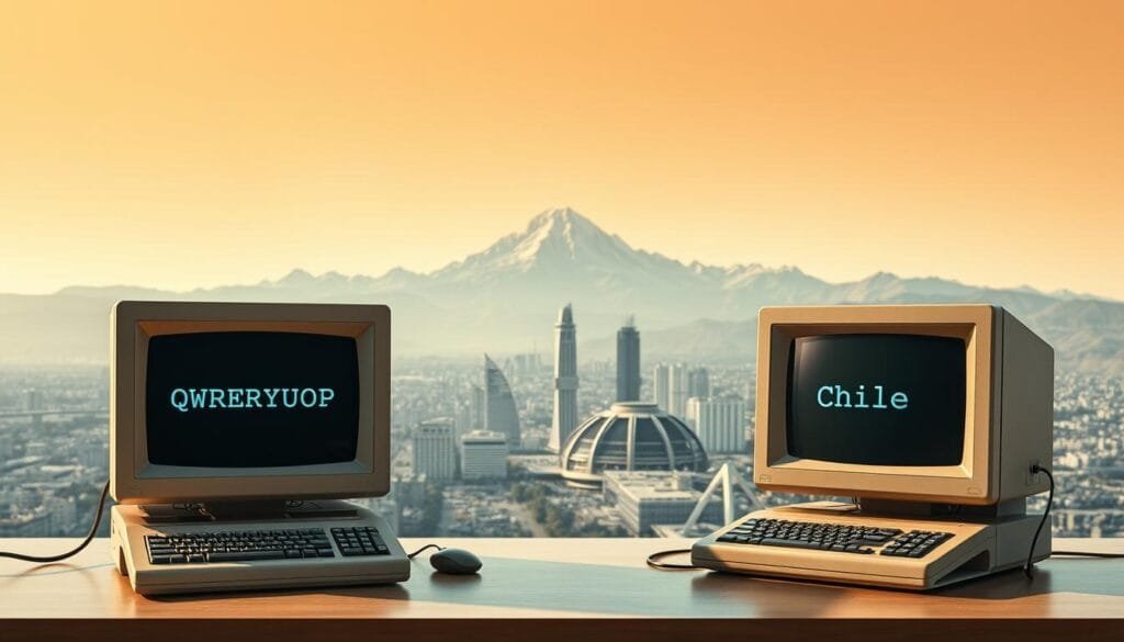 A sweeping panorama of Chile's historic connection, showcasing its pivotal role in the origins of electronic communication. In the foreground, a pair of vintage desktop computers, their screens displaying the iconic "QWERTYUIOP" message, symbolizing the groundbreaking first email exchange. The middle ground features a sleek, futuristic cityscape, representing Chile's technological advancements. In the background, majestic Andean peaks rise, a nod to the country's natural grandeur and its inextricable link to this historic moment. The scene is bathed in a warm, golden light, conveying a sense of timeless significance. The overall composition captures the intersection of Chile's past, present, and future, a testament to its pivotal role in the evolution of digital communication.