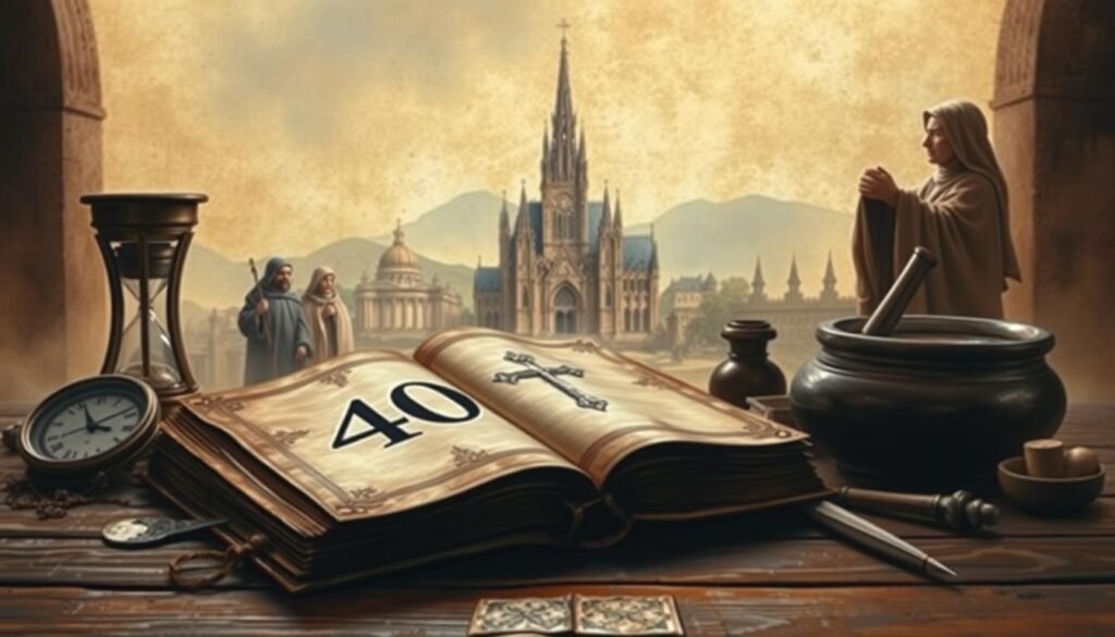 A symbolic representation of the "40 days" concept, featuring a meticulously detailed medieval-style painting. In the foreground, a weathered tome with aged parchment pages rests on a wooden table, its cover emblazoned with a cross and the number 40. Surrounding the book are various religious and medicinal artifacts, such as an hourglass, a compass, and a mortar and pestle. The middle ground depicts a serene monastic setting, with a towering cathedral in the distance and robed figures engaged in contemplation. The background is shrouded in a soft, golden glow, evoking a sense of timelessness and spiritual significance. The overall composition conveys the intersection of religion, science, and numerology that underpins the "40 days" concept.