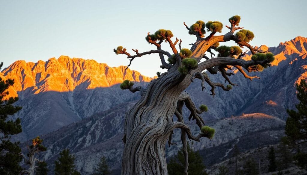 A towering Pinus longaeva, known as the bristlecone pine, stands majestically in the Inyo National Forest. Its gnarled, weathered trunk reaches skyward, its branches adorned with clusters of green needles. Rugged mountains loom in the distance, bathed in the warm glow of the setting sun. The scene conveys the enduring resilience and ancient wisdom of this remarkable tree, which has persevered for nearly 5,000 years, surviving harsh conditions and the passage of time. The low, raking light casts dramatic shadows, emphasizing the tree's distinctive character and the solitary, contemplative atmosphere of the landscape. A towering Pinus longaeva, known as the bristlecone pine, stands majestically in the Inyo National Forest. Its gnarled, weathered trunk reaches skyward, its branches adorned with clusters of green needles. Rugged mountains loom in the distance, bathed in the warm glow of the setting sun. The scene conveys the enduring resilience and ancient wisdom of this remarkable tree, which has persevered for nearly 5,000 years, surviving harsh conditions and the passage of time. The low, raking light casts dramatic shadows, emphasizing the tree's distinctive character and the solitary, contemplative atmosphere of the landscape.