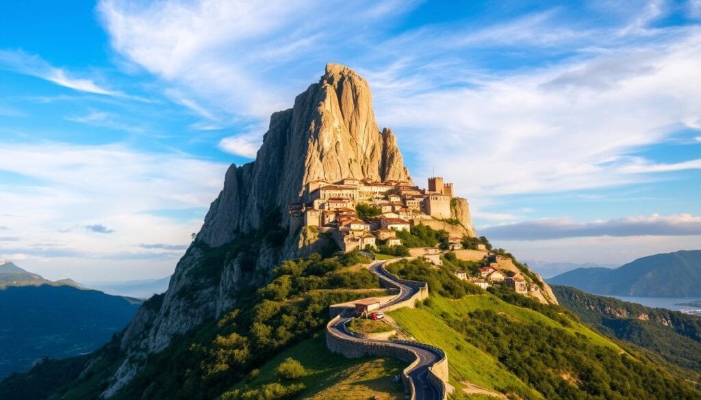 A towering granite peak, Monte Titano, stands tall against a picturesque blue sky. The ancient fortified city of San Marino clings to the mountain's slopes, its medieval towers and walls casting long shadows across the lush green hills below. Warm sunlight filters through wispy clouds, illuminating the stunning panoramic vista. In the foreground, a winding road leads up the mountain, inviting the viewer to explore this small yet magnificent country perched atop its majestic natural wonder. The scene captures the essence of San Marino's enduring legacy as the world's oldest surviving sovereign state. A towering granite peak, Monte Titano, stands tall against a picturesque blue sky. The ancient fortified city of San Marino clings to the mountain's slopes, its medieval towers and walls casting long shadows across the lush green hills below. Warm sunlight filters through wispy clouds, illuminating the stunning panoramic vista. In the foreground, a winding road leads up the mountain, inviting the viewer to explore this small yet magnificent country perched atop its majestic natural wonder. The scene captures the essence of San Marino's enduring legacy as the world's oldest surviving sovereign state.