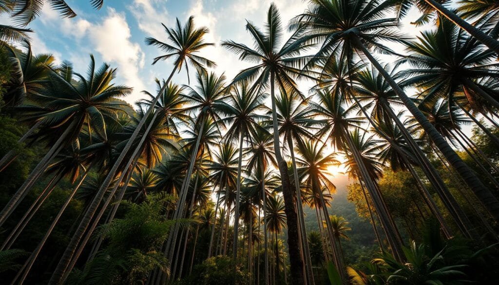 A towering, majestic grove of Quindío wax palms rising gracefully against a backdrop of lush, verdant Colombian Andes. The slender, silvery trunks stretch towards the heavens, bathed in warm, golden afternoon light that filters through wispy clouds. Clusters of delicate, fan-shaped fronds sway gently in a light breeze, creating a serene, almost otherworldly atmosphere. The forest floor is carpeted with ferns and mosses, adding a sense of primeval tranquility to the scene. This enchanting natural wonder, the world's tallest palm species, stands as a testament to Colombia's unparalleled biodiversity.