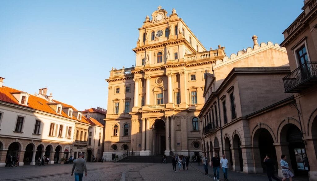 A towering neo-classical building with ornate facades and grand columns stands proud, its architecture reflecting the ancient heritage and enduring institutions of the Republic of San Marino. Flanking the central structure, smaller structures with distinctive red-tiled roofs and arched windows evoke the traditional character of the historic city. The scene is bathed in warm, golden light, casting long shadows and creating a sense of timeless elegance. In the foreground, the cobblestone streets are bustling with activity, people moving about their daily lives amidst the timeless symbols that define this enduring nation. A towering neo-classical building with ornate facades and grand columns stands proud, its architecture reflecting the ancient heritage and enduring institutions of the Republic of San Marino. Flanking the central structure, smaller structures with distinctive red-tiled roofs and arched windows evoke the traditional character of the historic city. The scene is bathed in warm, golden light, casting long shadows and creating a sense of timeless elegance. In the foreground, the cobblestone streets are bustling with activity, people moving about their daily lives amidst the timeless symbols that define this enduring nation.