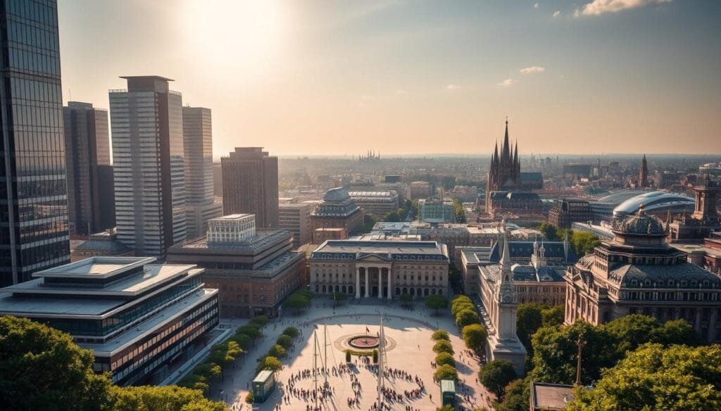 A towering skyline of gleaming skyscrapers reflecting the sun's rays, with a serene central square adorned with modern architectural masterpieces. In the foreground, sleek corporate offices and financial institutions framed by lush greenery. The middle ground features a bustling pedestrian promenade lined with high-end boutiques, cafes, and art galleries. In the background, a sprawling business district punctuated by the iconic spires of historic landmarks, creating a harmonious blend of old and new. Bathed in warm, diffused lighting, the scene conveys an atmosphere of sophistication, prosperity, and innovation befitting a premier European financial center.