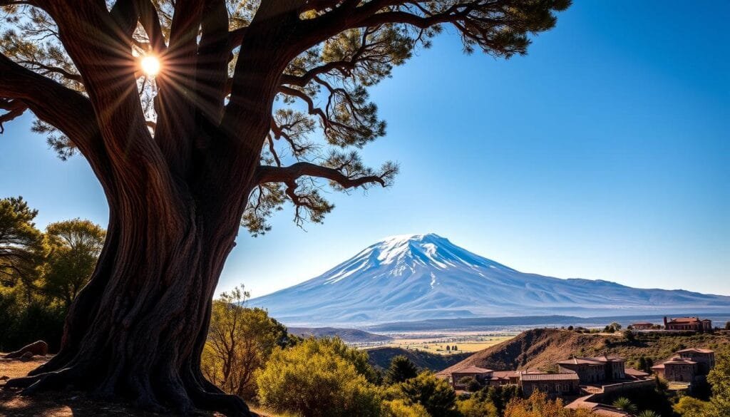 A towering, snow-capped peak rises majestically against a clear azure sky, the iconic Mount Etna. In the foreground, a grand, ancient chestnut tree stands tall, its gnarled and weathered trunk sheltering the rugged yet picturesque landscape. Rays of warm, golden sunlight filter through the lush, verdant foliage, casting a serene and timeless atmosphere. The rolling hills and valleys in the middle ground are dotted with traditional stone buildings, their rustic charm blending seamlessly with the natural surroundings. In the distance, the slopes of Mount Etna recede into the horizon, a testament to the power and grandeur of this magnificent volcano.