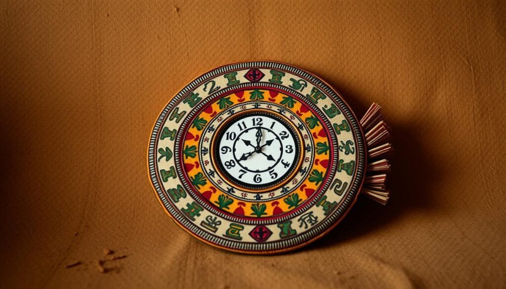 A traditional Ethiopian calendar handcrafted from vibrant patterned fabrics, laid against a warm, earthy backdrop. The calendar's intricate design features a central clockface surrounded by symbolic motifs, evoking the unique temporal experience of Ethiopia. Soft, diffused lighting casts an ancient, timeless atmosphere, as if glimpsing an artifact from a bygone era. The composition emphasizes the calendar's tactile, artisanal quality, inviting the viewer to appreciate the rich cultural heritage behind the measurement of time in this ancient land.
