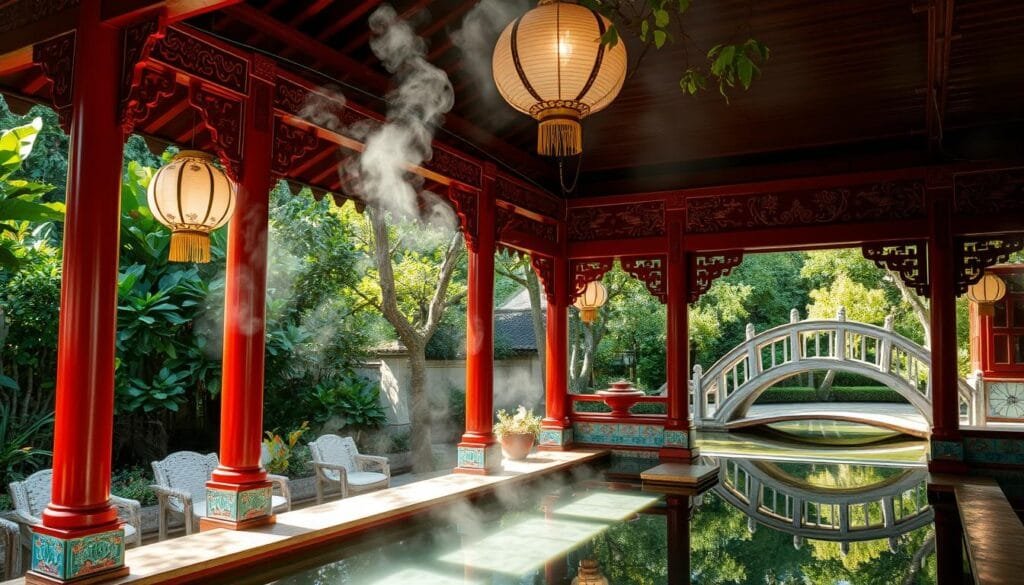 A tranquil Chinese bathhouse nestled in a verdant garden, sunlight filtering through the ornately carved wooden eaves. The vibrant hues of crimson pillars and turquoise tiles reflect the rich cultural heritage, while delicate paper lanterns cast a warm, inviting glow. Wispy steam curls around the scene, creating an atmosphere of serenity and relaxation. A serene pond with a graceful arched bridge lies in the background, accentuating the harmonious integration of nature and architecture. The overall composition evokes a sense of timelessness and the deep-rooted traditions that define Chinese society. A tranquil Chinese bathhouse nestled in a verdant garden, sunlight filtering through the ornately carved wooden eaves. The vibrant hues of crimson pillars and turquoise tiles reflect the rich cultural heritage, while delicate paper lanterns cast a warm, inviting glow. Wispy steam curls around the scene, creating an atmosphere of serenity and relaxation. A serene pond with a graceful arched bridge lies in the background, accentuating the harmonious integration of nature and architecture. The overall composition evokes a sense of timelessness and the deep-rooted traditions that define Chinese society.