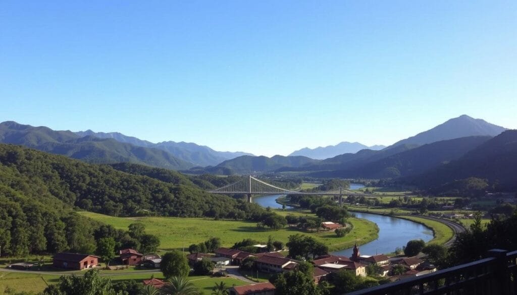 A tranquil Costa Rican countryside scene, with lush green hills and a clear azure sky. In the foreground, a small rural town with quaint adobe buildings and a central plaza, devoid of any military presence. The middle ground features a winding river and a picturesque suspension bridge, symbolizing the peaceful connectivity of the nation. In the distance, the majestic silhouettes of verdant mountains rise, creating a serene and harmonious landscape. The lighting is soft and natural, evoking a sense of calm and stability. The overall atmosphere conveys the absence of armed conflict, emphasizing Costa Rica's dedication to peace and development since the abolition of its military in 1948. A tranquil Costa Rican countryside scene, with lush green hills and a clear azure sky. In the foreground, a small rural town with quaint adobe buildings and a central plaza, devoid of any military presence. The middle ground features a winding river and a picturesque suspension bridge, symbolizing the peaceful connectivity of the nation. In the distance, the majestic silhouettes of verdant mountains rise, creating a serene and harmonious landscape. The lighting is soft and natural, evoking a sense of calm and stability. The overall atmosphere conveys the absence of armed conflict, emphasizing Costa Rica's dedication to peace and development since the abolition of its military in 1948.