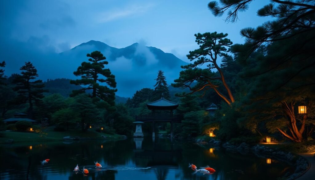 A tranquil Japanese garden at dusk, illuminated by the soft glow of lanterns. In the foreground, a serene pond reflects the silhouettes of ancient pines and the graceful movements of koi fish. The middle ground features a wooden bridge arching over the water, leading to a modest shrine nestled among lush foliage. In the background, a misty mountain range rises, its peaks shrouded in an ethereal, spiritual aura. The overall atmosphere conveys a sense of harmony, tradition, and the mystical essence of the Japanese kami. The scene is captured with a cinematic, wide-angle lens, emphasizing the depth and tranquility of the setting.