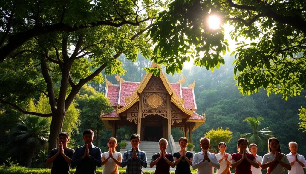 A tranquil Laotian temple nestled amidst lush, verdant foliage. The main structure features ornate, gilded roofs with intricate designs, contrasted by the serene, earthy tones of the surrounding landscape. Sunlight filters through the canopy, casting a warm, ethereal glow on the scene. In the foreground, a group of devotees gracefully perform the traditional Nop greeting, their hands clasped in reverence. The image conveys a sense of timeless spirituality and the vibrant cultural heritage of Laos.