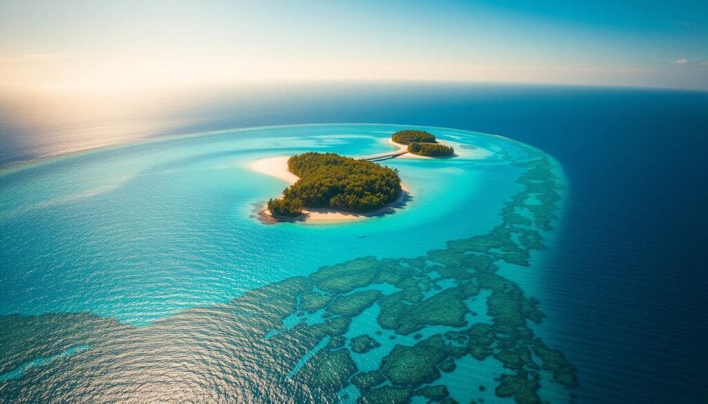 A tranquil aerial view of a remote, sun-drenched Pacific atoll, where a series of low-lying, palm-fringed islets encircle a shimmering turquoise lagoon. The foreground features the ribbon-like coral reef, its intricate patterns visible beneath the crystal-clear waters. In the middle ground, the lush, verdant islands rise gently from the sea, their white sand beaches contrasting with the vibrant foliage. The background fades into a hazy horizon, where the deep blue of the open ocean meets the boundless sky. Warm, diffused tropical sunlight bathes the entire scene, creating a serene, almost dreamlike atmosphere that evokes the remote, isolated nature of this atoll paradise. A tranquil aerial view of a remote, sun-drenched Pacific atoll, where a series of low-lying, palm-fringed islets encircle a shimmering turquoise lagoon. The foreground features the ribbon-like coral reef, its intricate patterns visible beneath the crystal-clear waters. In the middle ground, the lush, verdant islands rise gently from the sea, their white sand beaches contrasting with the vibrant foliage. The background fades into a hazy horizon, where the deep blue of the open ocean meets the boundless sky. Warm, diffused tropical sunlight bathes the entire scene, creating a serene, almost dreamlike atmosphere that evokes the remote, isolated nature of this atoll paradise.