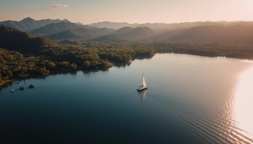 A tranquil aerial view of the expansive Lago de Maracaibo, Venezuela's largest lake. Crystalline waters reflect the sun's golden rays, surrounded by lush tropical forests and rugged mountains that rise majestically in the distance. Sailboats glide across the placid surface, while traditional stilt houses dot the shoreline. The scene conveys a sense of serene beauty and the harmony between land and water that defines this iconic Venezuelan landscape. Captured with a wide-angle lens to showcase the grand scale of this geographic wonder, the image exudes a warm, cinematic quality befitting its role in illustrating the country's remarkable natural treasures.
