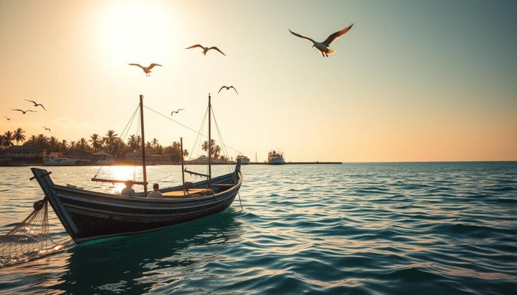 A tranquil coastal scene, the sun's golden rays casting a warm glow over the crystal-clear waters. In the foreground, a small fishing boat with weathered wooden planks and tattered sails gently sways, its occupants expertly maneuvering their nets to catch the day's bounty of fresh seafood. Seabirds soar overhead, their cries echoing across the serene horizon. The middle ground features a picturesque village, its quaint houses and docks nestled among swaying palm trees. In the distance, the vast expanse of the open ocean stretches out, hinting at the boundless resources and economic opportunities it offers to the island nation. The overall mood is one of tranquility, resilience, and a deep connection to the sea that sustains the local community. A tranquil coastal scene, the sun's golden rays casting a warm glow over the crystal-clear waters. In the foreground, a small fishing boat with weathered wooden planks and tattered sails gently sways, its occupants expertly maneuvering their nets to catch the day's bounty of fresh seafood. Seabirds soar overhead, their cries echoing across the serene horizon. The middle ground features a picturesque village, its quaint houses and docks nestled among swaying palm trees. In the distance, the vast expanse of the open ocean stretches out, hinting at the boundless resources and economic opportunities it offers to the island nation. The overall mood is one of tranquility, resilience, and a deep connection to the sea that sustains the local community.