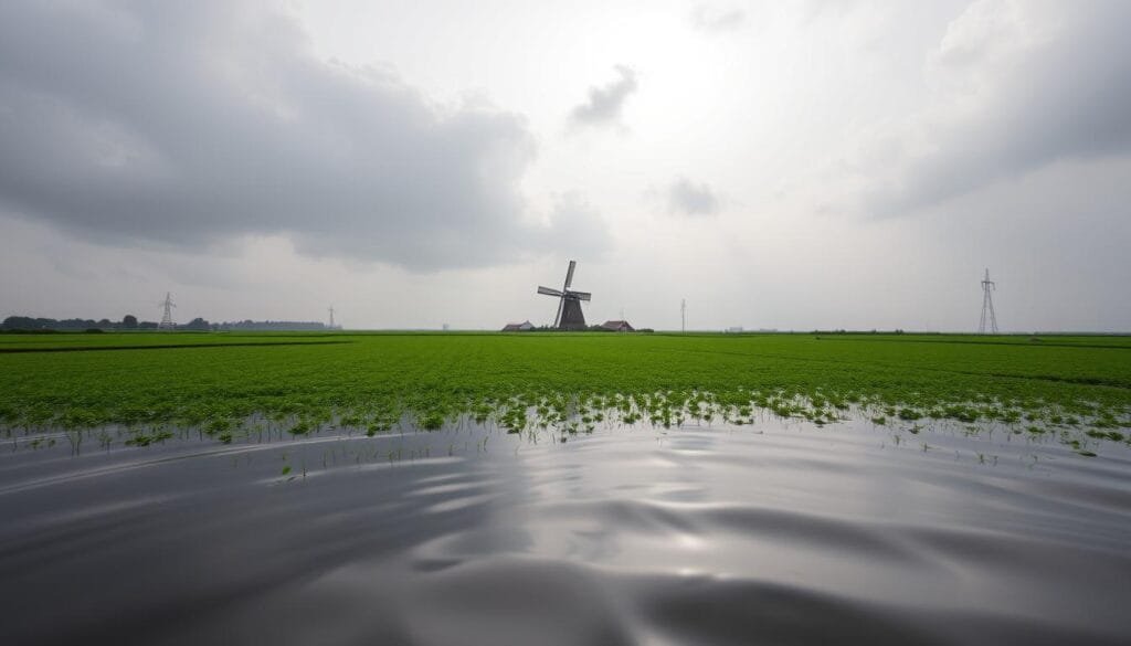 A tranquil scene of a Dutch polder, its lush green fields and gentle slopes stretching out below the water's surface. In the distance, a towering dike stands resolute, its sturdy construction a testament to the engineering prowess that allows the Netherlands to reclaim land from the sea. The sky is an overcast grey, lending a somber, introspective mood as sunlight filters through the clouds, casting soft, diffused illumination across the submerged landscape. The camera angle is low, placing the viewer at water level, immersed in this unique and visually striking world that defies traditional notions of land and sea. Subtle details, such as the reflections of clouds on the still water's surface and the occasional glimpse of a drainage canal, complete the scene, capturing the delicate balance between human ingenuity and the untamed power of nature.