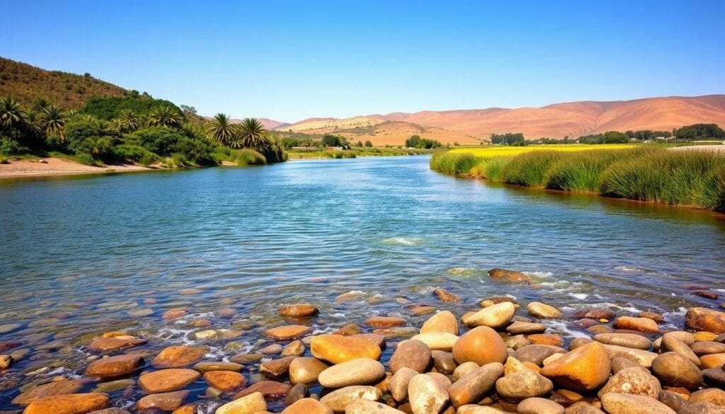 A tranquil, sun-dappled scene of the majestic Río Uruguay, a winding river that meanders through the heartland of Uruguay. In the foreground, crystal-clear waters flow gently over a bed of smooth, rounded stones, their surfaces reflecting the azure sky above. In the middle distance, lush, verdant banks rise up, dotted with stately palms and vibrant wildflowers. Further back, the horizon is dominated by rolling, undulating hills, their slopes covered in a patchwork of emerald meadows and golden wheat fields. Warm, soft lighting bathes the entire landscape, creating a serene and inviting atmosphere, capturing the essence of Uruguay's natural beauty.