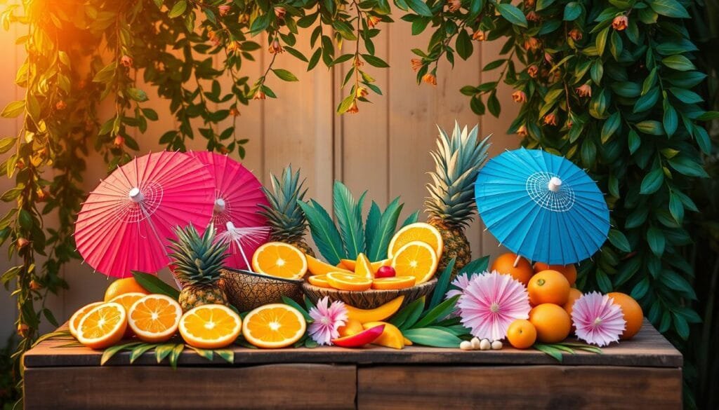 A tropical candy bar display with luscious fruit slices, colorful umbrellas, and lush palm leaves. Dreamy warm lighting casts a golden glow over the arrangement, creating a festive atmosphere perfect for a Hawaiian-themed party. Ripe pineapple, vibrant oranges, and succulent mango are artfully arranged atop a rustic wooden table, complemented by playful paper parasols in pastel hues. Trailing vines and clusters of green leaves fill the background, evoking a sense of lush island vibes. The overall scene invites guests to indulge in sweet tropical delights in an outdoor oasis.