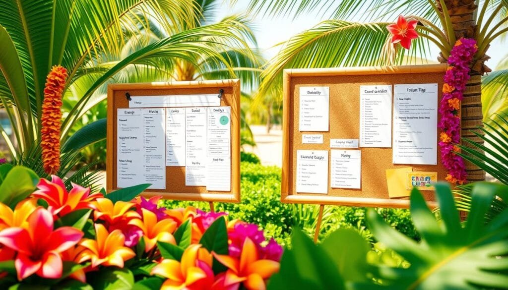 A tropical, sun-drenched Hawaiian-themed event planning scene. In the foreground, an array of vibrant tropical flowers, leis, and colorful luau-inspired decorations. In the middle ground, a bamboo-framed corkboard displaying event checklists, schedules, and to-do lists. The background depicts a lush, verdant landscape with swaying palm trees and a glimpse of a golden sandy beach. Soft, warm lighting filters through the scene, creating a serene, inviting atmosphere. The overall composition conveys a sense of careful organization, festive spirit, and island tranquility, reflecting the theme of preparing and planning a Hawaiian-style backyard party.