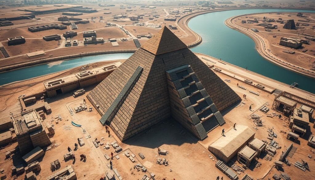 A vast and impressive construction site of the ancient Egyptian pyramids, captured in a sweeping aerial view. In the foreground, workers toil on the massive limestone blocks, their movements precisely coordinated as they hoist and maneuver the heavy stones into place. In the middle ground, a network of ramps and scaffolding zigzags up the partially constructed pyramid, revealing the intricate engineering behind this architectural marvel. The Nile River winds through the background, its serene waters reflecting the towering structures and the clear, sun-drenched sky above. The scene conveys a sense of awe and reverence for the immense labor and ingenuity required to erect these timeless monuments. A vast and impressive construction site of the ancient Egyptian pyramids, captured in a sweeping aerial view. In the foreground, workers toil on the massive limestone blocks, their movements precisely coordinated as they hoist and maneuver the heavy stones into place. In the middle ground, a network of ramps and scaffolding zigzags up the partially constructed pyramid, revealing the intricate engineering behind this architectural marvel. The Nile River winds through the background, its serene waters reflecting the towering structures and the clear, sun-drenched sky above. The scene conveys a sense of awe and reverence for the immense labor and ingenuity required to erect these timeless monuments.