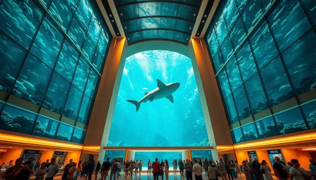 A vast and opulent interior, the Dubai Mall's aquarium showcases a stunning underwater world. Towering glass walls reveal a mesmerizing array of marine life - schools of vibrant tropical fish, graceful stingrays, and a majestic whale shark gliding through the cerulean depths. Warm, diffused lighting casts a gentle glow, creating an immersive and serene atmosphere. The scene is framed by sleek, modern architecture, with clean lines and gleaming surfaces that reflect the aquarium's captivating inhabitants. Visitors are enthralled, their faces alight with wonder as they gaze upon this remarkable oasis within the heart of the bustling Dubai Mall.
