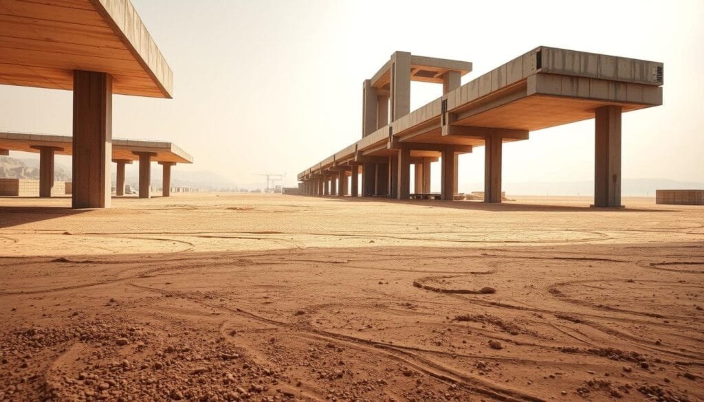 A vast, arid arena of concrete and sand, the desert landscape stretching endlessly. In the foreground, a sun-baked expanse of fine, gritty particles, the local sand rendered useless for construction. The middle ground reveals a sprawling, angular structure, its harsh geometric lines a stark contrast to the natural environment. Towering columns and beams of reinforced concrete rise up, casting long shadows across the parched ground. The background fades into a hazy horizon, the sky a pale, cloudless expanse, emphasizing the desolation of this man-made oasis in the heart of the desert. Dramatic, harsh lighting casts sharp shadows, the scene evoking a sense of the inhospitable and unforgiving nature of this arid, concrete-bound world.