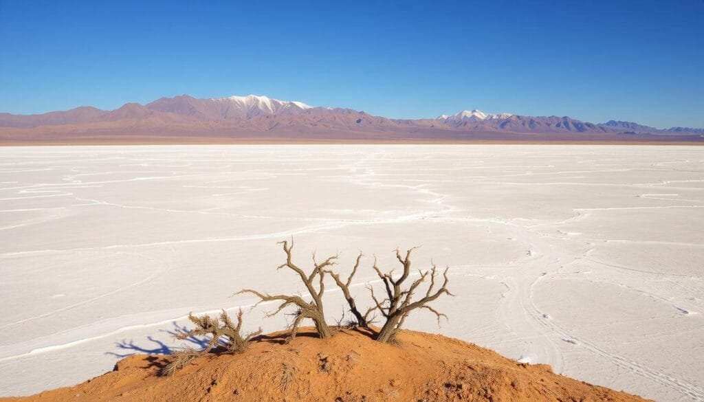 A vast, arid landscape stretches out, dotted with salt-encrusted depressions known as "playas". Towering mountains rise in the distance, their peaks capped with snow, while a cloudless sky bathes the scene in warm, golden light. In the foreground, a sparse scattering of scrubby vegetation clings to the parched earth, their twisted forms casting long shadows across the glistening salt flats. The air is still, save for the occasional gentle breeze that whispers across the barren expanse, creating mesmerizing patterns in the salt. This is a place of stark contrasts, where the harsh beauty of the desert meets the tranquil solitude of a forgotten landscape.