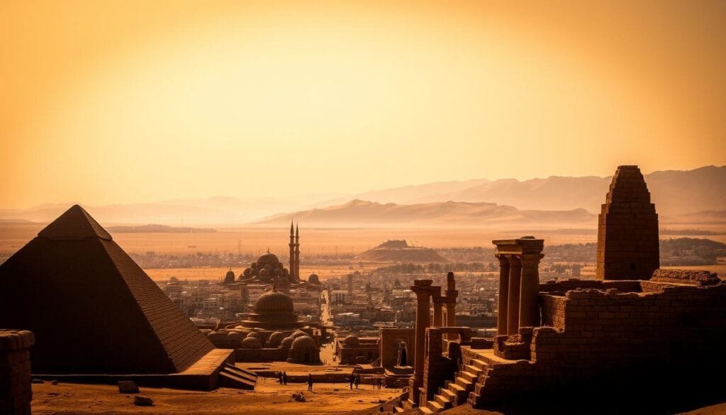 A vast, arid landscape stretches out under a cloudless, golden sky. In the foreground, towering ancient pyramids and ruins stand tall, their weathered stones casting long shadows. The middle ground reveals a bustling city, with domed buildings and minarets reaching towards the heavens. In the distance, rolling hills and rugged mountains create a dramatic backdrop, hinting at the diverse geography of Sudán Sur. The scene exudes a sense of timeless history, culture, and the resilience of the Sudanese people, reflecting the curiosities and complexities of this captivating region. A vast, arid landscape stretches out under a cloudless, golden sky. In the foreground, towering ancient pyramids and ruins stand tall, their weathered stones casting long shadows. The middle ground reveals a bustling city, with domed buildings and minarets reaching towards the heavens. In the distance, rolling hills and rugged mountains create a dramatic backdrop, hinting at the diverse geography of Sudán Sur. The scene exudes a sense of timeless history, culture, and the resilience of the Sudanese people, reflecting the curiosities and complexities of this captivating region.
