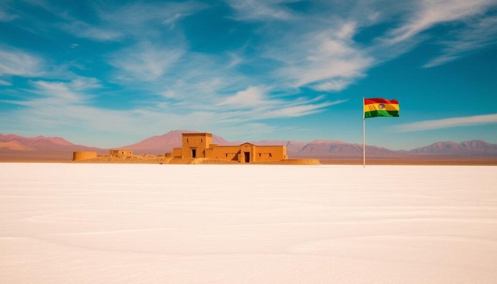 A vast, awe-inspiring Bolivian landscape, bathed in warm, golden sunlight. In the foreground, the majestic, undulating salt flats of the Salar de Uyuni stretch out endlessly, their pristine white surface mirroring the azure sky above. In the middle ground, ancient adobe structures and towering mountains rise up, their weathered facades bearing the marks of centuries of history and culture. Silhouetted against the horizon, the iconic Bolivian flags flutter gently in the breeze, symbolizing the enduring pride and heritage of this remarkable nation. The scene exudes a sense of timelessness and deep, reverent wonder, capturing the essence of Bolivia's cultural patrimony.