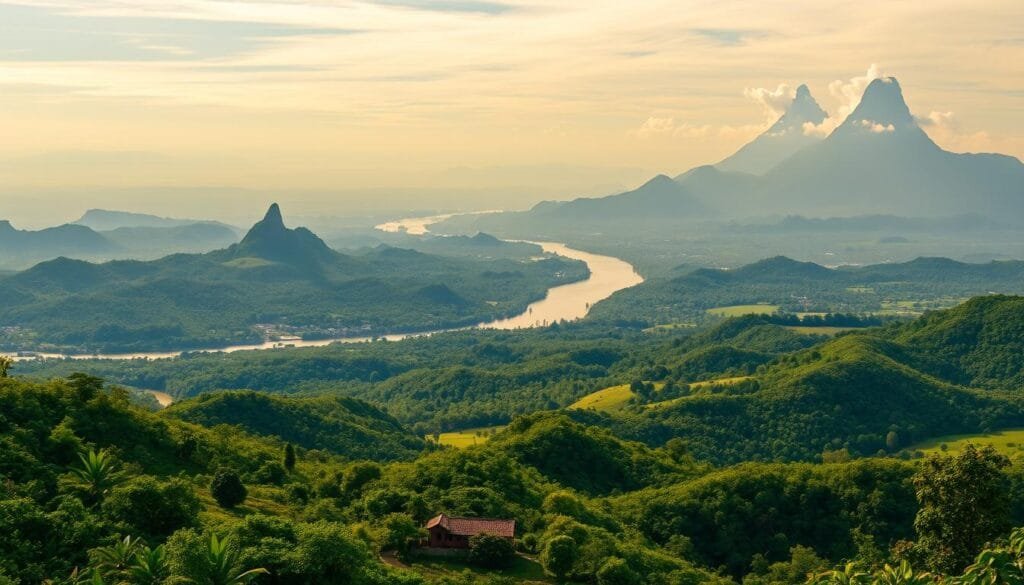 A vast, breathtaking landscape of the Brazilian countryside, captured in a sweeping panoramic view. In the foreground, a lush, verdant terrain dotted with vibrant tropical foliage and rolling hills. The middle ground reveals a meandering river, its waters glistening under the warm, golden sunlight. In the distance, a series of majestic mountains rise up, their peaks capped with wisps of clouds, creating a sense of depth and grandeur. The lighting is soft and natural, casting a warm, inviting glow over the entire scene. The composition is balanced and harmonious, drawing the viewer's eye effortlessly across the expansive terrain. This image perfectly encapsulates the stunning natural beauty and diversity of Brazil, the largest country in South America.