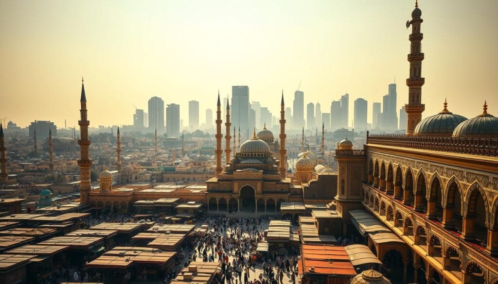 A vast, bustling Middle Eastern metropolis with towering minarets and domes shimmering in the golden sunlight. In the foreground, a sprawling bazaar teeming with merchants and shoppers amidst a maze of colorful stalls and awnings. The middle ground reveals ornate Islamic architecture, with intricate tile work and grand archways. The background is dominated by a dramatic skyline of modern high-rises, their reflective glass facades casting a serene, contemplative atmosphere. A sense of timelessness and cultural richness permeates the scene, inviting the viewer to immerse themselves in the unique character of this singular, Islamic republic.