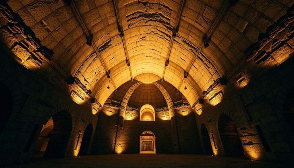 A vast, cavernous subterráneo grande nestled deep underground, its high-arched ceilings and expansive halls carved from ancient stone. Soft, warm lighting casts a cozy glow, illuminating intricate architectural details and the occasional glimpse of a mysterious passageway leading to unexplored depths. The air is cool and damp, carrying a sense of history and the weight of centuries. Shadows dance across the walls, hinting at the secrets and stories contained within this hidden world. The viewer stands in awe, captivated by the sheer scale and grandeur of this remarkable subterranean structure, a testament to human engineering and the wonders that lie beneath the surface.