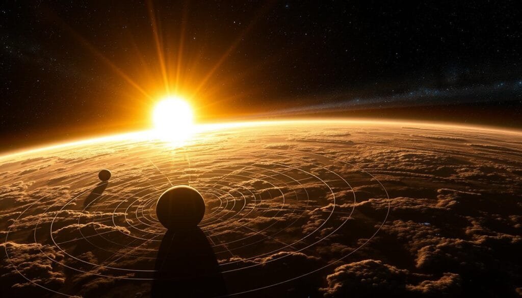 A vast celestial expanse, the Sun's radiant corona casting a warm glow upon a captivating dance of orbits. In the foreground, the Earth and Moon are depicted in intricate detail, their paths intertwined in a delicate ballet, hinting at the possibility of altering their trajectories. In the middle ground, the planets of the solar system are rendered with precision, their orbits meticulously crafted to showcase the complex gravitational interactions that govern their celestial ballet. The background is a breathtaking tapestry of distant stars, nebulae, and galaxies, reminding us of the vastness and complexity of the universe beyond our own planetary system. The lighting is dramatic, casting shadows and highlights that accentuate the depth and dynamism of the scene, inviting the viewer to imagine the potential for influencing the fundamental motions of our world. A vast celestial expanse, the Sun's radiant corona casting a warm glow upon a captivating dance of orbits. In the foreground, the Earth and Moon are depicted in intricate detail, their paths intertwined in a delicate ballet, hinting at the possibility of altering their trajectories. In the middle ground, the planets of the solar system are rendered with precision, their orbits meticulously crafted to showcase the complex gravitational interactions that govern their celestial ballet. The background is a breathtaking tapestry of distant stars, nebulae, and galaxies, reminding us of the vastness and complexity of the universe beyond our own planetary system. The lighting is dramatic, casting shadows and highlights that accentuate the depth and dynamism of the scene, inviting the viewer to imagine the potential for influencing the fundamental motions of our world.