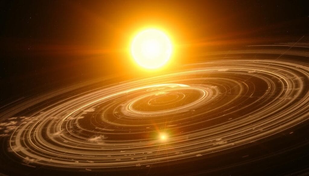 A vast cosmic dance of gravity and inertia, a sweeping panorama of celestial bodies in graceful motion. In the center, the mighty Sun, its brilliant corona blazing with the energy of a thousand suns. Surrounding it, the Earth and its celestial companions orbit in a delicate balance, their paths dictated by the interplay of gravitational forces and the fundamental laws of motion. Trails of light streak across the scene, capturing the curved trajectories of these celestial bodies as they carve their paths through the inky blackness of space. The image conveys a sense of awe and wonder, a glimpse into the complex mechanics that govern the very fabric of our universe. A vast cosmic dance of gravity and inertia, a sweeping panorama of celestial bodies in graceful motion. In the center, the mighty Sun, its brilliant corona blazing with the energy of a thousand suns. Surrounding it, the Earth and its celestial companions orbit in a delicate balance, their paths dictated by the interplay of gravitational forces and the fundamental laws of motion. Trails of light streak across the scene, capturing the curved trajectories of these celestial bodies as they carve their paths through the inky blackness of space. The image conveys a sense of awe and wonder, a glimpse into the complex mechanics that govern the very fabric of our universe.