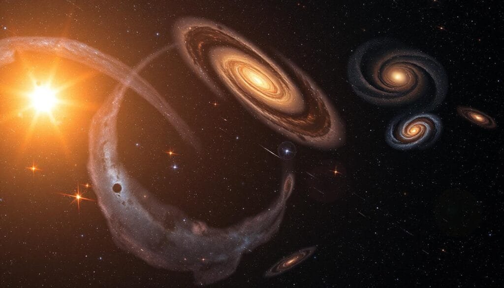 A vast, cosmic expanse filled with the brilliant light of Cepheid variables and type Ia supernovae. In the foreground, a stunning array of celestial phenomena, their radiant glow illuminating the depths of space. The middle ground features intricate nebulae, their swirling clouds of gas and dust creating a mesmerizing spectacle. In the background, a tapestry of distant galaxies, their spiral arms and elliptical shapes dancing across the canvas. The scene is bathed in a soft, warm light, casting a serene and contemplative mood, as if inviting the viewer to ponder the ever-expanding nature of the universe.
