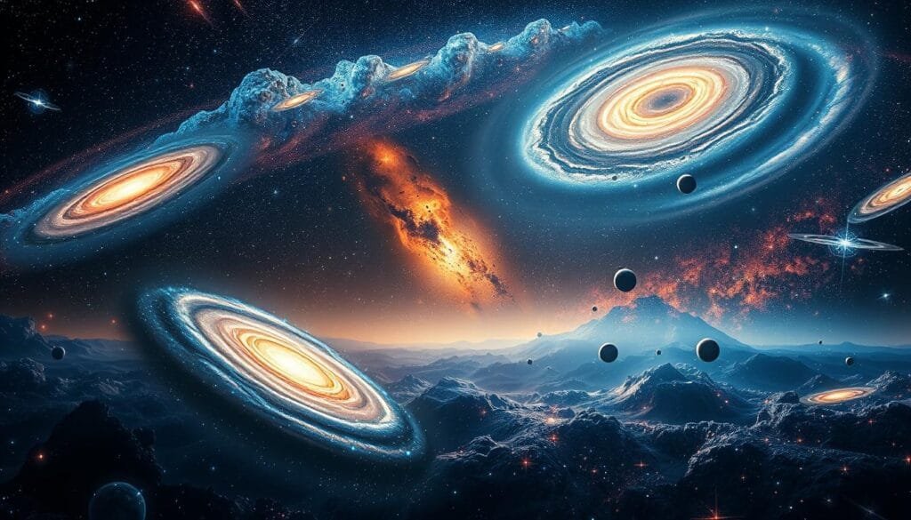 A vast cosmic landscape unfolds, with galaxies and celestial bodies swirling in a mesmerizing dance. The foreground features a dramatic, spiraling galaxy, its luminous arms reaching out against a backdrop of distant stars and nebulae. The middle ground showcases a diverse array of galaxy clusters, each with its own unique shape and character. In the background, a hazy, ethereal glow of energy pulses and expands, representing the mysterious "dark energy" that is driving the accelerating expansion of the universe. The lighting is a captivating blend of cool blues and warm oranges, creating a sense of depth and dynamism. The overall composition conveys the grandeur and complexity of the cosmos, inviting the viewer to ponder the ongoing revelations about the nature of our universe.