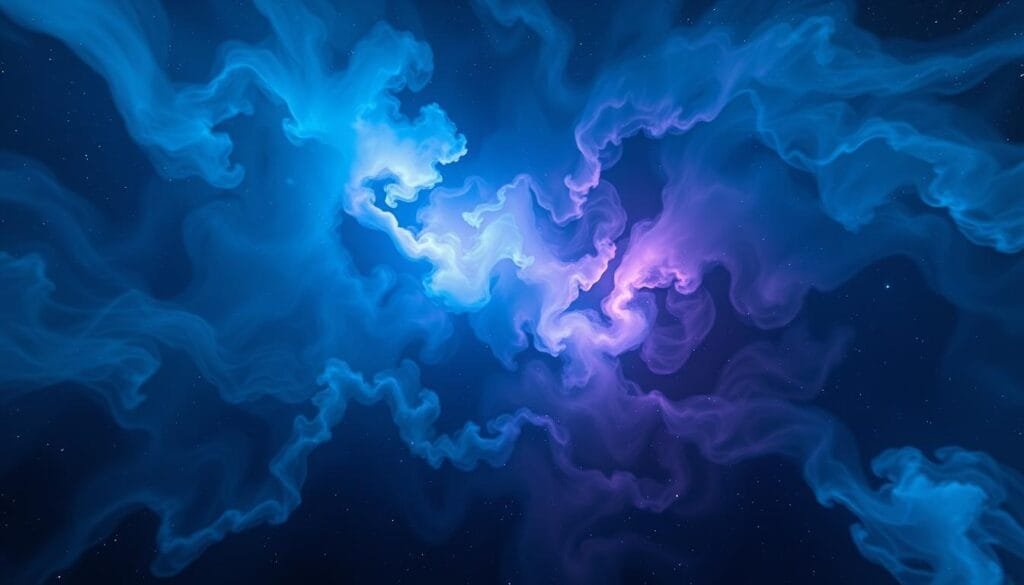 A vast, ethereal expanse of swirling, luminescent gas clusters, illuminated by the soft glow of distant stars. Billowing tendrils of cosmic matter, in shades of vibrant blues and purples, dance and intertwine, creating an otherworldly, mesmerizing display. The scene is captured through the lens of a powerful, wide-angle camera, providing a sweeping, panoramic view that conveys the immense scale and grandeur of this celestial phenomenon. The lighting is subtle and diffuse, casting a dreamlike, almost ethereal quality upon the scene, as if the viewer is peering into the heart of a vast, mysterious nebula. The overall mood is one of wonder and awe, inviting the observer to contemplate the vast, awe-inspiring nature of the universe.