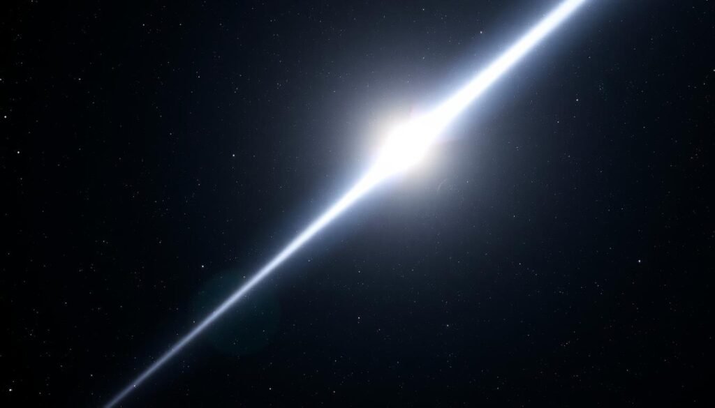 A vast expanse of cosmic darkness, dotted with distant pinpricks of starlight. In the center, a brilliant beam of radiant energy streaks across the void, its brilliant white glow illuminating the surrounding space. The beam appears to be emanating from a celestial body, perhaps a distant star or galaxy, its light traveling at the unfathomable speed of 299,792 kilometers per second. The scene conveys a sense of the immense scale and sheer power of the universe, while also hinting at the complex interplay of time and distance that governs the cosmos.