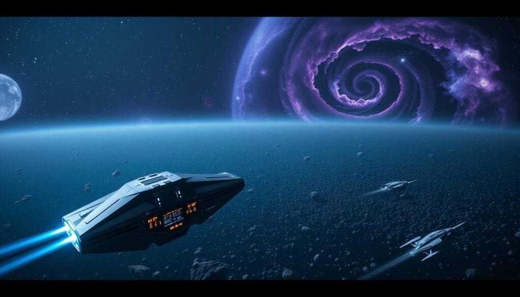 A vast expanse of cosmic darkness, punctuated by the twinkling of distant stars. In the foreground, a sleek, angular spacecraft hovers, its metallic hull gleaming under the harsh glare of neon-blue thrusters. Intricate control panels and holographic displays flicker with data, casting an otherworldly glow across the cockpit. In the middle ground, a dense field of asteroids and debris drifts lazily, creating a treacherous obstacle course for the nimble spacecraft. The background is filled with swirling nebulae, their vibrant hues of purple, pink, and blue painting the scene with a sense of grandeur and wonder. The entire composition is bathed in a cool, futuristic lighting, evoking the timeless allure of computer-generated space exploration. A vast expanse of cosmic darkness, punctuated by the twinkling of distant stars. In the foreground, a sleek, angular spacecraft hovers, its metallic hull gleaming under the harsh glare of neon-blue thrusters. Intricate control panels and holographic displays flicker with data, casting an otherworldly glow across the cockpit. In the middle ground, a dense field of asteroids and debris drifts lazily, creating a treacherous obstacle course for the nimble spacecraft. The background is filled with swirling nebulae, their vibrant hues of purple, pink, and blue painting the scene with a sense of grandeur and wonder. The entire composition is bathed in a cool, futuristic lighting, evoking the timeless allure of computer-generated space exploration.