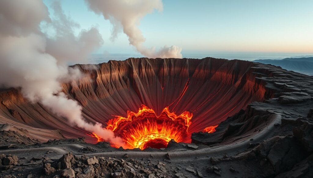 A vast, fiery chasm in the barren Turkmen desert, the Darvaza gas crater glows with an eerie, otherworldly luminescence. Flickering flames lick the jagged, charred edges of the crater, casting an orange glow that dances across the rugged, lunar landscape. Towering cliffs of rock and sand rise up around the pit, creating a sense of isolation and primal, elemental power. The crater appears to be a portal to the depths of the Earth, a gateway to the molten core below. Billowing plumes of smoke drift lazily skyward, creating an atmosphere of mystery and foreboding. Dramatic, low-angle lighting heightens the drama and grandeur of this captivating natural wonder, the "Gateway to Hell" that has burned relentlessly for over 50 years. A vast, fiery chasm in the barren Turkmen desert, the Darvaza gas crater glows with an eerie, otherworldly luminescence. Flickering flames lick the jagged, charred edges of the crater, casting an orange glow that dances across the rugged, lunar landscape. Towering cliffs of rock and sand rise up around the pit, creating a sense of isolation and primal, elemental power. The crater appears to be a portal to the depths of the Earth, a gateway to the molten core below. Billowing plumes of smoke drift lazily skyward, creating an atmosphere of mystery and foreboding. Dramatic, low-angle lighting heightens the drama and grandeur of this captivating natural wonder, the "Gateway to Hell" that has burned relentlessly for over 50 years.