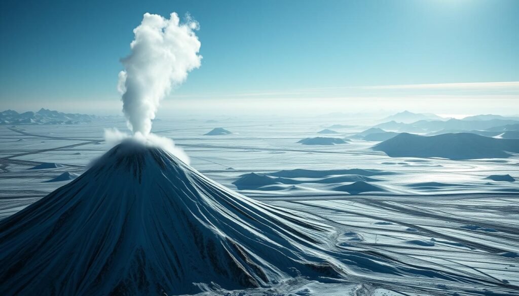 A vast, icy landscape of criovolcanismo, where frigid volcanoes erupt with plumes of water and frozen gases. In the foreground, an otherworldly cryovolcano, its cone-shaped summit shrouded in a mist of vapor. Midground, rolling hills of ice and snow, sculpted by the relentless winds. In the distance, a horizon of jagged, crystalline peaks, glittering under the glow of an alien sky. Lighting is soft and diffuse, casting long shadows and highlighting the tactile textures of the frozen terrain. The overall mood is one of otherworldly wonder, a scene that defies the conventional notions of volcanoes and challenges our understanding of planetary geology.