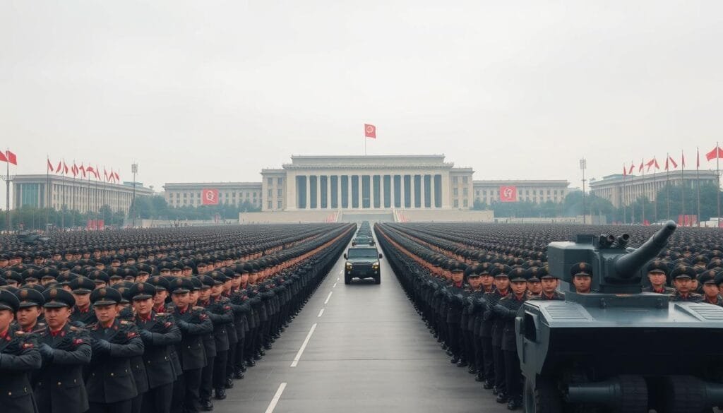 A vast, imposing military parade in the capital city of North Korea, Pyongyang. Soldiers in crisp uniforms march in perfect synchronization, their faces stern and resolute. Rows of tanks, armored vehicles, and missile launchers rumble past, a display of the country's formidable military might. The sky above is overcast, casting a somber, foreboding tone. In the background, the iconic architecture of the Worker's Party of Korea Headquarters looms, a symbol of the regime's unwavering control. The atmosphere is one of discipline, power, and a latent sense of conflict, reflecting the grim realities of North Korea's isolationist policies and its confrontational stance on the global stage.