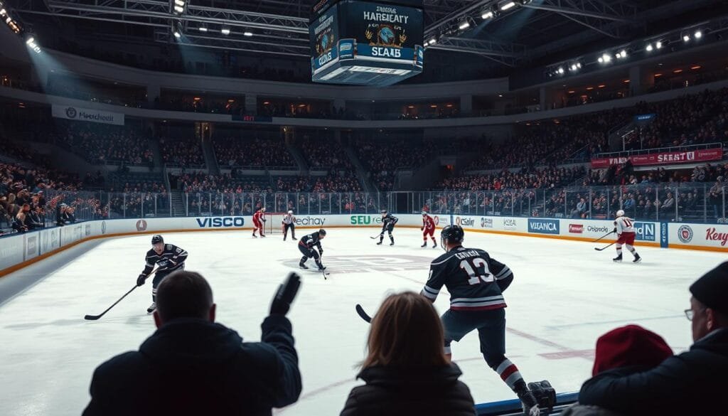A vast indoor ice rink, the Czech national sport of hockey played with skill and passion. Fans in the stands, bundled up against the chill, cheer on their beloved team as they swiftly glide across the gleaming ice, sticks flashing as they maneuver the puck. Dramatic lighting casts long shadows, creating a sense of tension and drama. The players' faces are intense, brows furrowed in concentration, as they battle for control of the game. The background is slightly blurred, drawing the eye to the central action on the ice, the roar of the crowd palpable. This is hockey, the pride of the Czech people, a thrilling spectacle that captures the spirit of the nation.