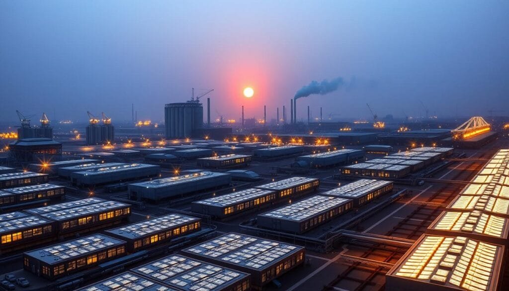 A vast industrial landscape dominated by the iconic De Beers diamond monopoly. In the foreground, rows of gleaming cutting and polishing facilities, their windows reflecting the harsh glare of spotlights. In the middle ground, towering silos and warehouses housing the world's most coveted gemstones. The background fades into a hazy skyline of chimneys and cranes, belching plumes of smoke that obscure the setting sun - a subtle nod to the transient nature of even the most enduring of industries. The scene conveys a sense of power, precision, and the relentless pursuit of profit, yet hints at the impermanence that ultimately awaits all human endeavors. A vast industrial landscape dominated by the iconic De Beers diamond monopoly. In the foreground, rows of gleaming cutting and polishing facilities, their windows reflecting the harsh glare of spotlights. In the middle ground, towering silos and warehouses housing the world's most coveted gemstones. The background fades into a hazy skyline of chimneys and cranes, belching plumes of smoke that obscure the setting sun - a subtle nod to the transient nature of even the most enduring of industries. The scene conveys a sense of power, precision, and the relentless pursuit of profit, yet hints at the impermanence that ultimately awaits all human endeavors.