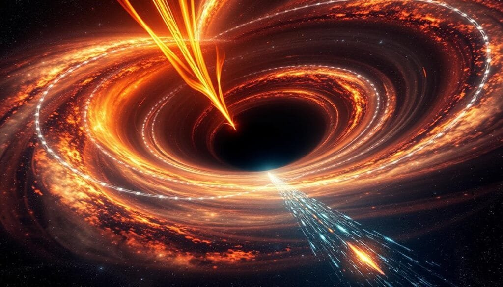 A vast interstellar symphony unfolds against a starry backdrop, as the colossal black hole at the heart of galaxy M87 conducts a cosmic orchestra. Rippling gravitational waves and infalling matter create a haunting, undulating soundscape, visible as shimmering energy fields and swirling plasma. Sculpted jets of charged particles, spanning light-years, hum with an eerie, resonant thrum. The black hole's event horizon, a portal to the unknown, appears as a dark, inescapable maw at the center of this celestial performance. Capture the grandeur and otherworldly mystery of this galactic phenomenon, with cinematic lighting and a sense of scale that conveys the sheer power and majesty of M87's sonified depths.