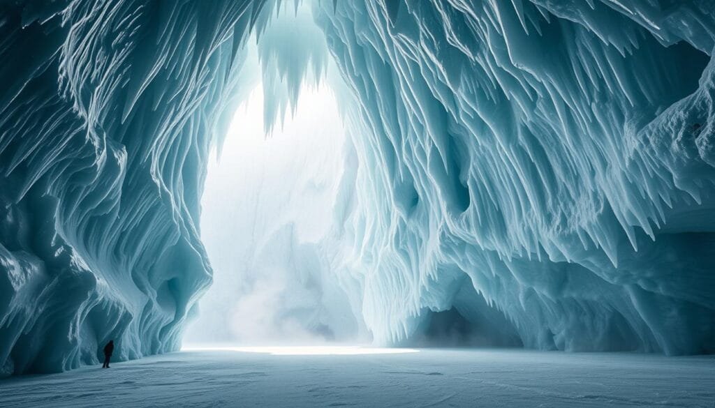 A vast, magnificent cave of ice nestled in the heart of the Austrian Alps. Towering walls of solid, translucent ice rise up, bathed in a soft, ethereal light that filters through the glacial cavern. Jagged icicles hang from the ceiling, casting intricate shadows on the smooth, frozen floor below. The scale of this natural wonder is awe-inspiring, conveying a sense of timeless, primordial power. Atmospheric mist swirls through the chamber, adding an otherworldly, dreamlike quality to the scene. A true geological masterpiece, this ice cave stands as a testament to the raw, untamed beauty of the alpine landscape.