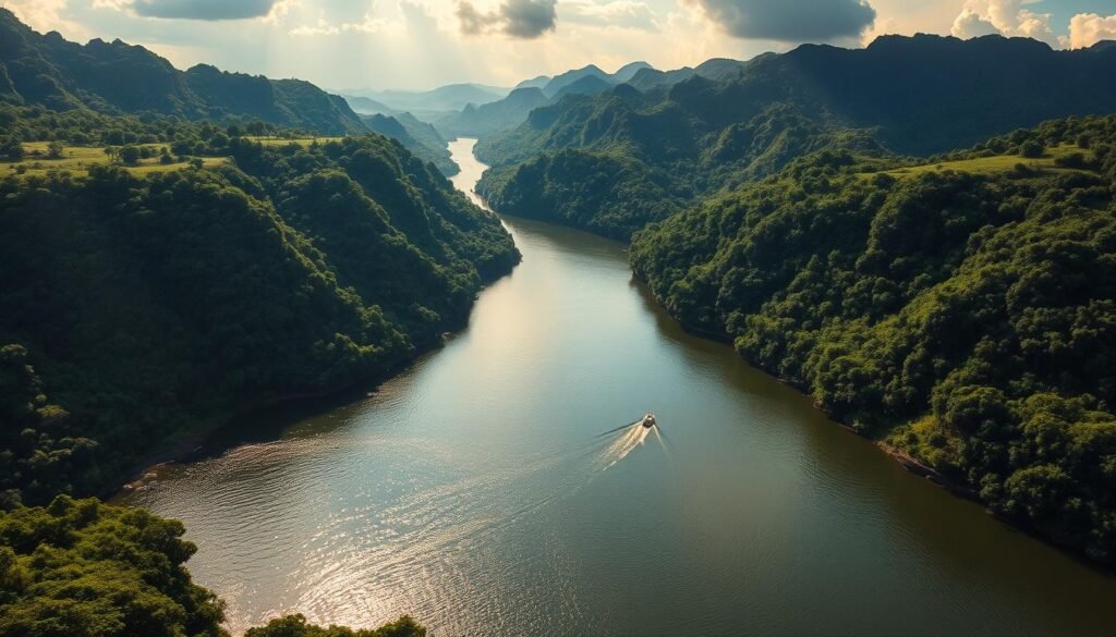A vast, majestic river winding through a lush, tropical landscape. The Amazon, the mightiest waterway on Earth, flows serenely amidst towering verdant banks. Sunlight filters through the dense canopy, casting a warm, golden glow over the glistening surface. In the foreground, a small boat drifts lazily, a testament to the scale and power of this incredible natural wonder. The scene exudes a sense of tranquility and timelessness, capturing the essence of the inspiration behind the world's largest online retailer.