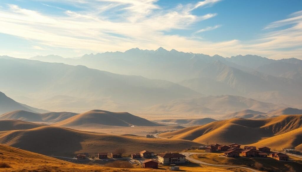A vast, mountainous landscape in the northern region of Iraq, known as the Kurdish Autonomous Region. The foreground features a traditional Kurdish village nestled among rolling hills, with red-roofed houses and narrow, winding streets. In the middle ground, the rugged, snow-capped peaks of the Zagros Mountains rise majestically, casting long shadows across the valleys below. The background is dominated by a hazy, azure sky, with wispy clouds drifting overhead. The scene is illuminated by warm, golden sunlight, creating a sense of tranquility and timelessness. The overall atmosphere conveys the cultural and geographical uniqueness of this autonomous region within the borders of Iraq.