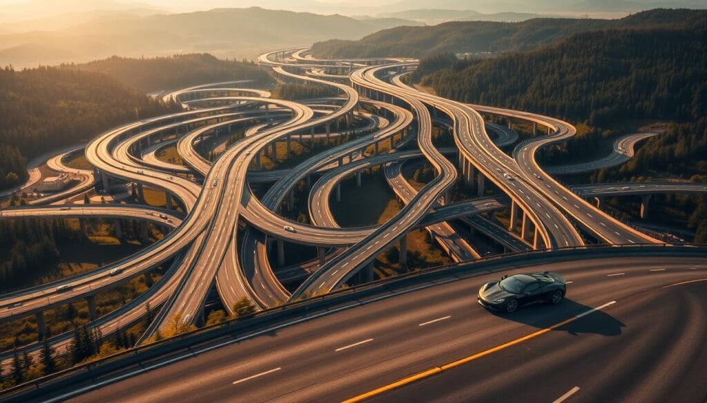 A vast network of Autobahns, the iconic German highways, stretching across the landscape like a sprawling web. In the foreground, a sleek sports car hugs the winding curves, its driver pushing the limits of speed, embracing the thrill of the open road. The middle ground reveals the sheer scale of these towering concrete arteries, their multiple lanes converging and diverging, creating a mesmerizing choreography of vehicles in motion. The background is dominated by rolling hills and dense forests, creating a sense of boundless freedom and adventure. Warm, golden sunlight filters through the scene, casting a magical glow and highlighting the precision engineering of the Autobahn system. The overall atmosphere exudes a palpable sense of power, velocity, and the pursuit of automotive perfection.