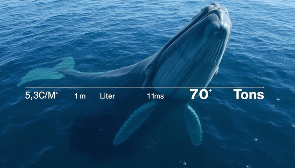 A vast ocean expanse, with a massive blue whale gracefully swimming in the foreground. Its open mouth reveals a cavernous, tongue-like structure, appearing to dwarf the surrounding seascape. In the middle ground, a dynamic visualization of scale, with floating meters, liters, and tons, illustrating the sheer size and volume of the whale's body. The lighting is soft and natural, capturing the serene, yet awe-inspiring mood. The camera angle is slightly elevated, emphasizing the overwhelming scale of the subject. The overall composition creates a sense of wonder and appreciation for the incredible magnitude of the blue whale, the largest known creature on Earth.