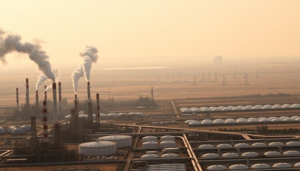 A vast oil refinery dominates the foreground, its sprawling towers and smokestacks belching plumes of thick, gray smoke against a hazy, golden sky. In the middle ground, rows of storage tanks and pipelines snake across the landscape, conveying the abundant flow of petroleum and natural gas. In the distance, a cluster of derricks punctuates the horizon, their rhythmic movements extracting the buried treasures from the earth. The scene exudes a sense of industrial might and economic importance, reflecting the outsized role that energy resources play in the Nigerian economy. A vast oil refinery dominates the foreground, its sprawling towers and smokestacks belching plumes of thick, gray smoke against a hazy, golden sky. In the middle ground, rows of storage tanks and pipelines snake across the landscape, conveying the abundant flow of petroleum and natural gas. In the distance, a cluster of derricks punctuates the horizon, their rhythmic movements extracting the buried treasures from the earth. The scene exudes a sense of industrial might and economic importance, reflecting the outsized role that energy resources play in the Nigerian economy.